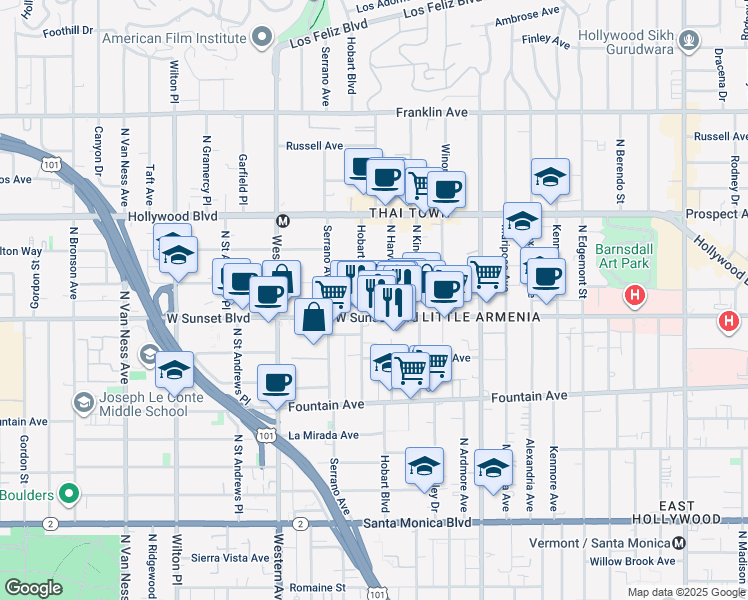 map of restaurants, bars, coffee shops, grocery stores, and more near 1516 North Hobart Boulevard in Los Angeles