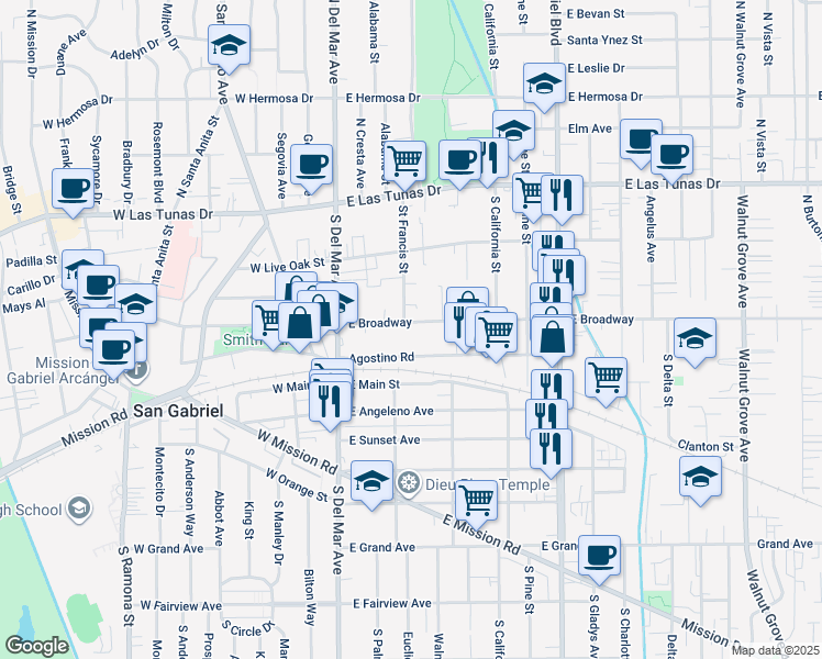 map of restaurants, bars, coffee shops, grocery stores, and more near 302 East Broadway in San Gabriel