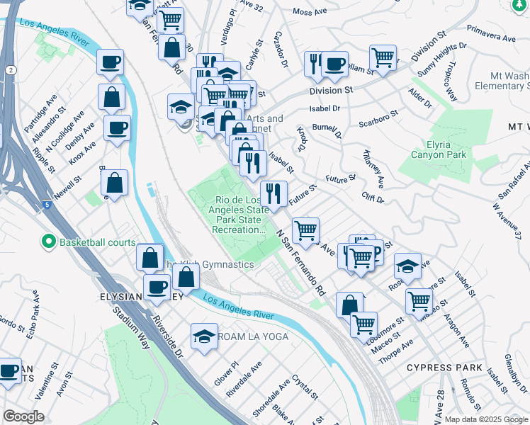 map of restaurants, bars, coffee shops, grocery stores, and more near North San Fernando Road in Los Angeles
