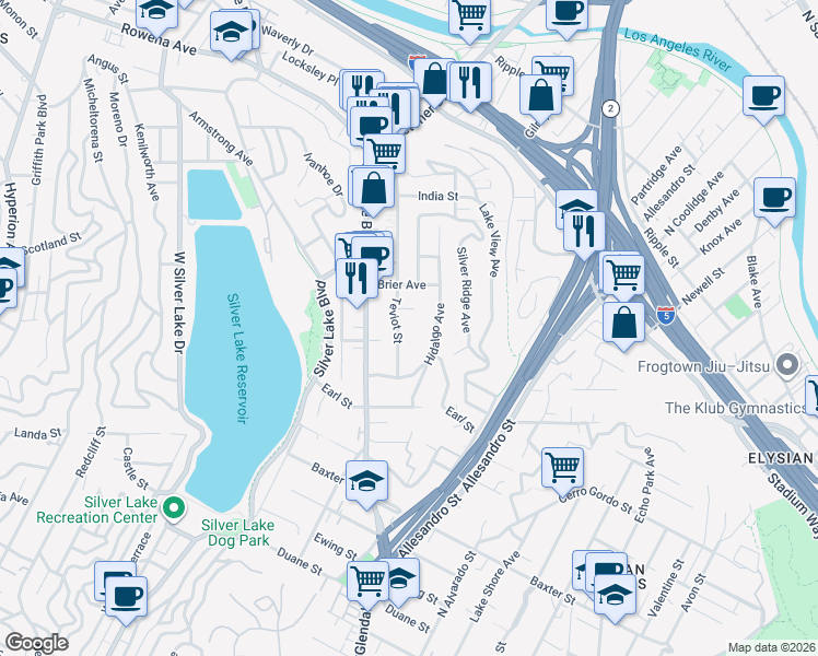 map of restaurants, bars, coffee shops, grocery stores, and more near 2305 Hidalgo Avenue in Los Angeles