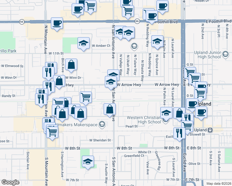 map of restaurants, bars, coffee shops, grocery stores, and more near 737 West Vernon Drive in Upland