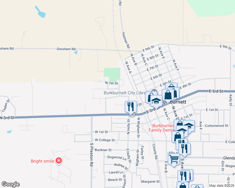 map of restaurants, bars, coffee shops, grocery stores, and more near 306 West 5th Street in Burkburnett