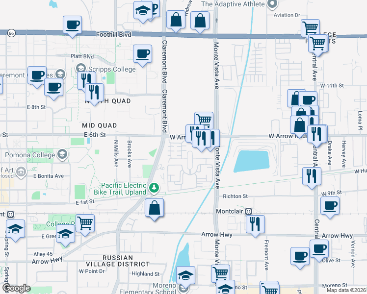 map of restaurants, bars, coffee shops, grocery stores, and more near 280 Cardinal Lane in Upland