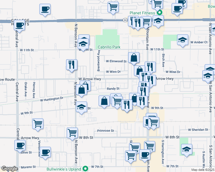 map of restaurants, bars, coffee shops, grocery stores, and more near 426 North Fairwood Way in Upland