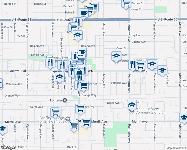 map of restaurants, bars, coffee shops, grocery stores, and more near 16980 Arrow Boulevard in Fontana
