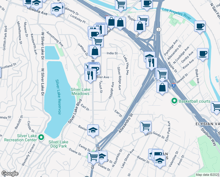 map of restaurants, bars, coffee shops, grocery stores, and more near 2333 Hidalgo Avenue in Los Angeles