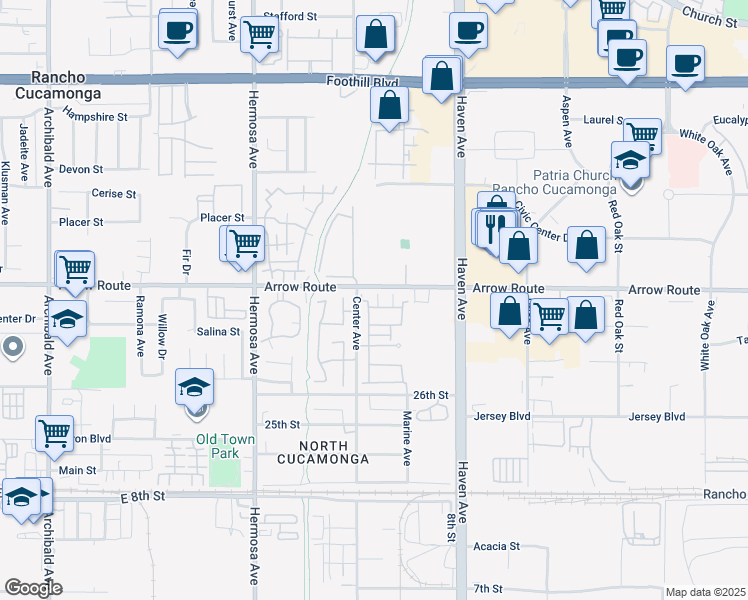 map of restaurants, bars, coffee shops, grocery stores, and more near 10326 Sparkling Drive in Rancho Cucamonga