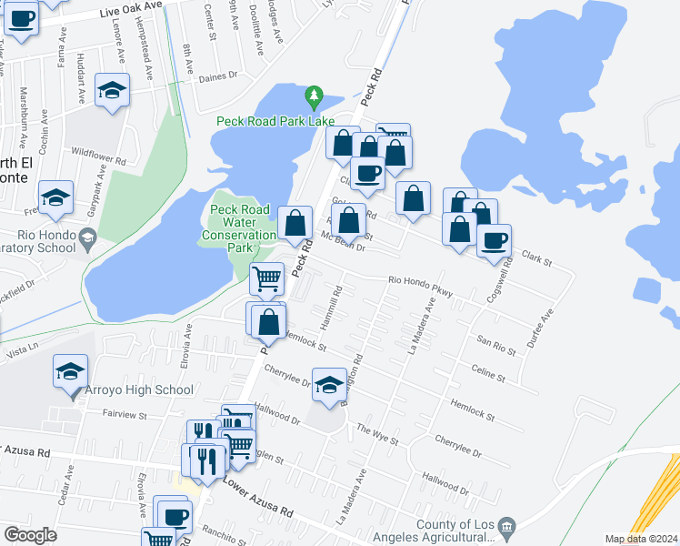 map of restaurants, bars, coffee shops, grocery stores, and more near 11656 Rio Hondo Parkway in El Monte