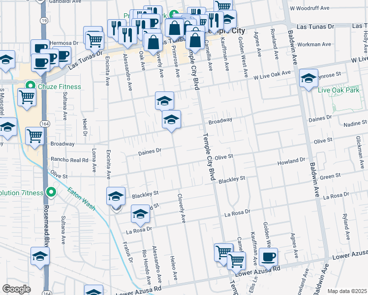 map of restaurants, bars, coffee shops, grocery stores, and more near 9521 Nadine Street in Temple City