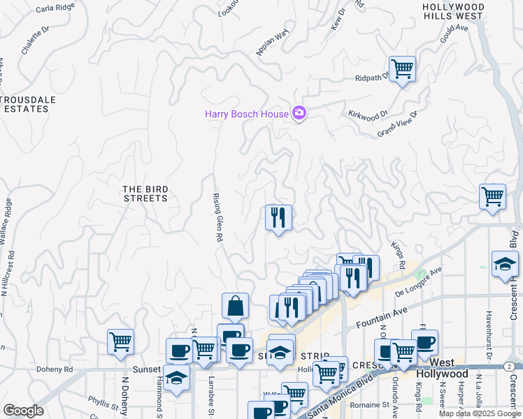 map of restaurants, bars, coffee shops, grocery stores, and more near 8836 Evanview Drive in Los Angeles