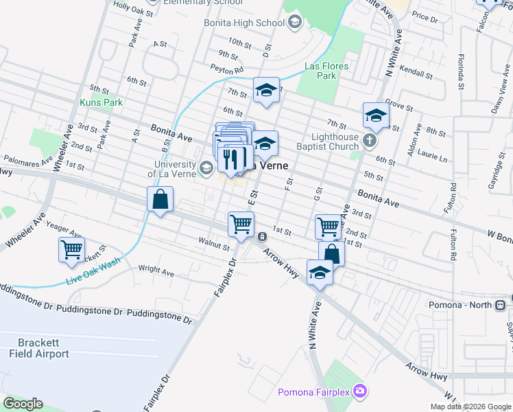 map of restaurants, bars, coffee shops, grocery stores, and more near 2148 E Street in La Verne