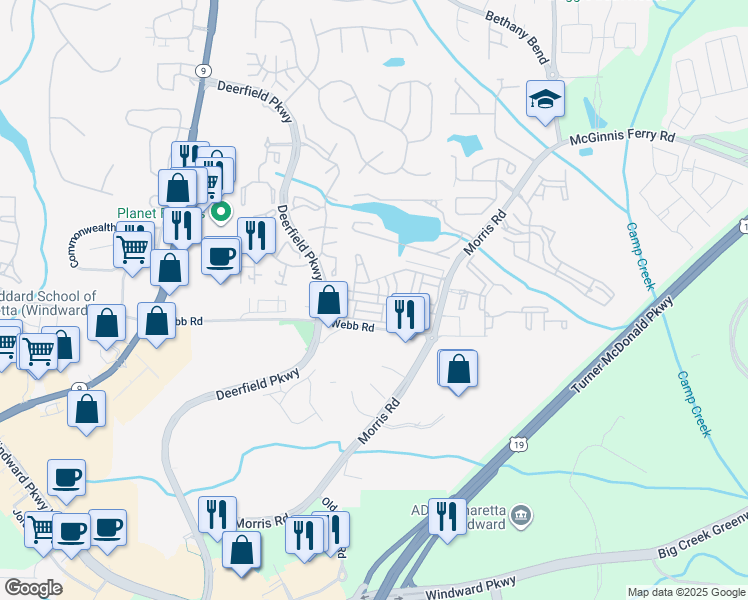 map of restaurants, bars, coffee shops, grocery stores, and more near 3380 New Fawn Lane in Milton