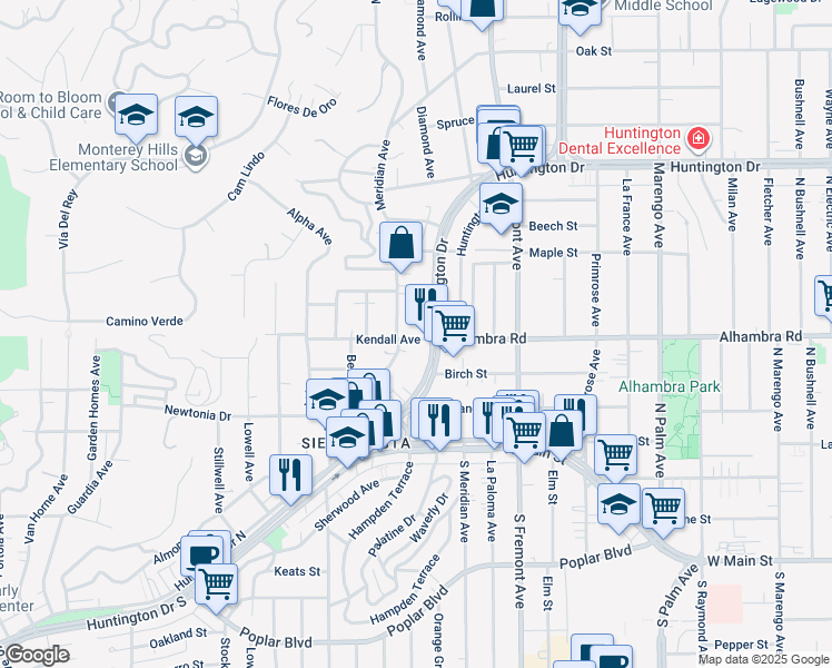 map of restaurants, bars, coffee shops, grocery stores, and more near 1014 Kendall Avenue in South Pasadena