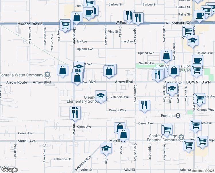 map of restaurants, bars, coffee shops, grocery stores, and more near in Fontana