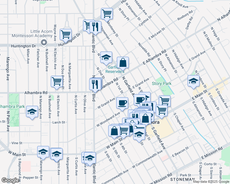 map of restaurants, bars, coffee shops, grocery stores, and more near 414 North 2nd Street in Alhambra