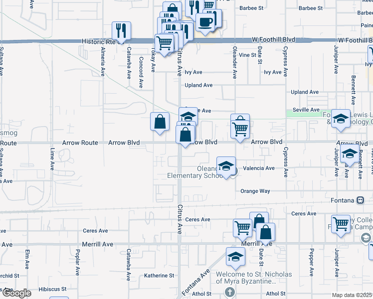 map of restaurants, bars, coffee shops, grocery stores, and more near 8515 Citrus Avenue in Fontana