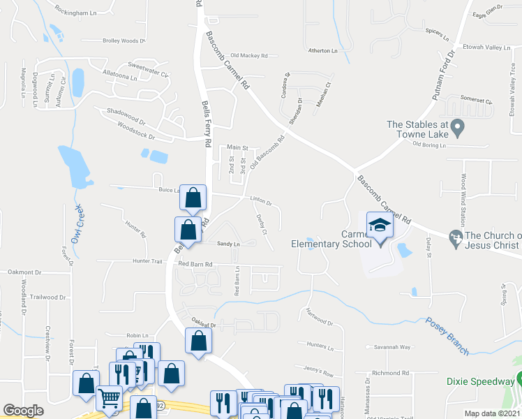 map of restaurants, bars, coffee shops, grocery stores, and more near 221 Derby Court in Acworth