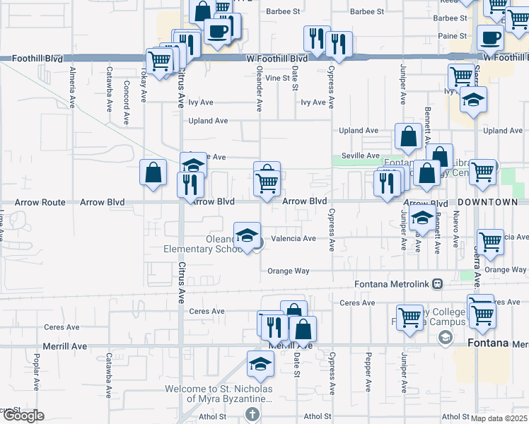 map of restaurants, bars, coffee shops, grocery stores, and more near 8529 Oleander Avenue in Fontana