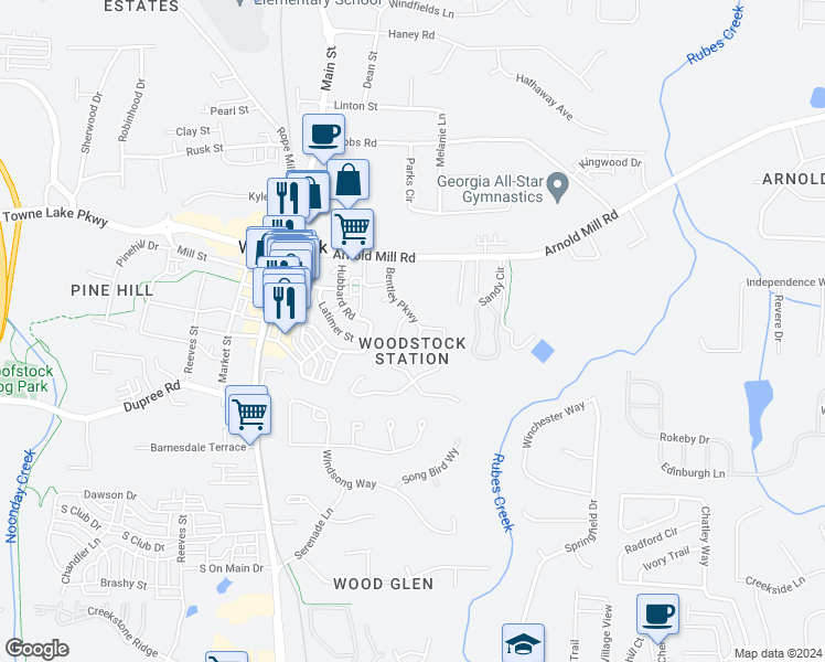 map of restaurants, bars, coffee shops, grocery stores, and more near 124 Bentley Parkway in Woodstock
