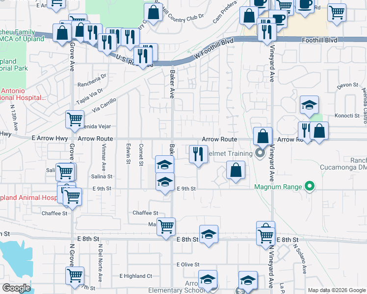 map of restaurants, bars, coffee shops, grocery stores, and more near in Rancho Cucamonga