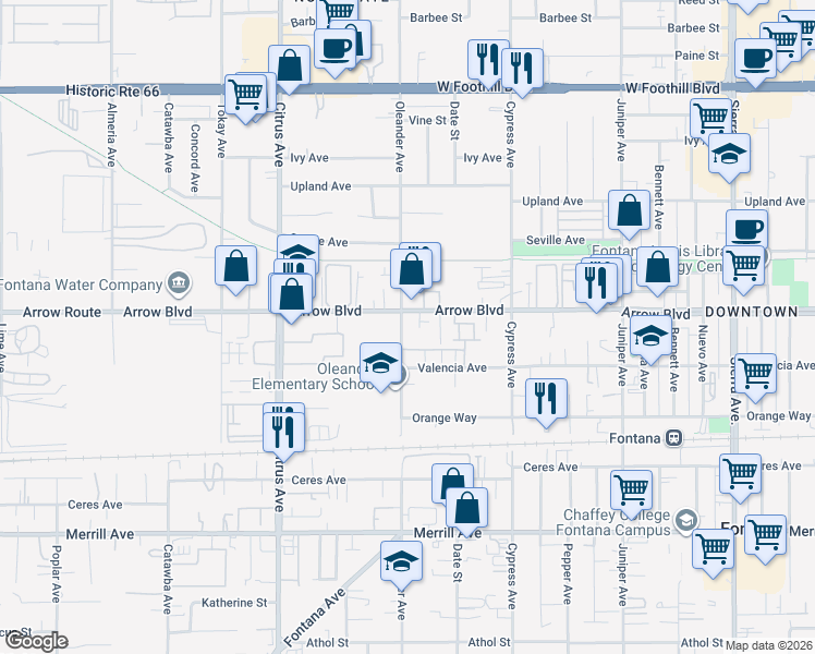 map of restaurants, bars, coffee shops, grocery stores, and more near in Fontana