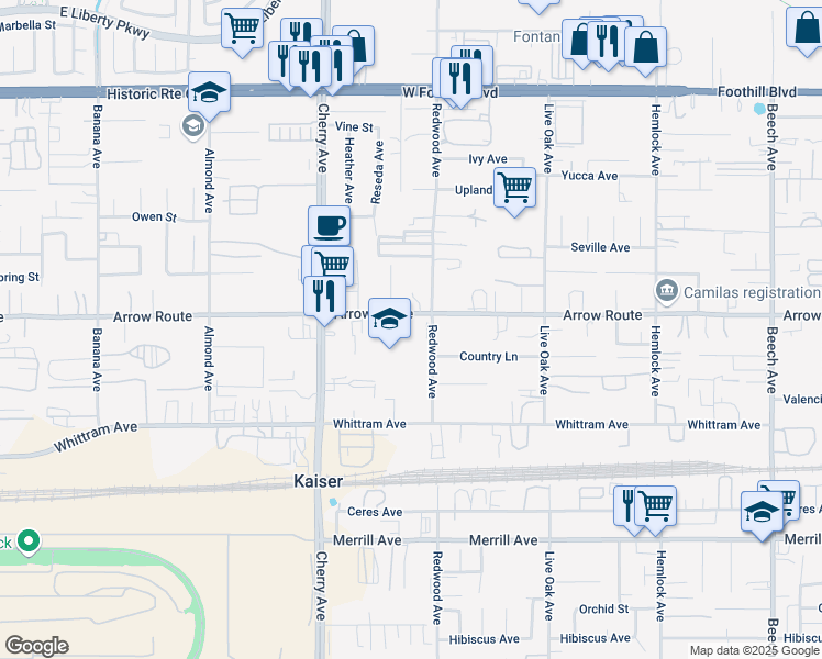 map of restaurants, bars, coffee shops, grocery stores, and more near 8497 Reseda Avenue in Fontana