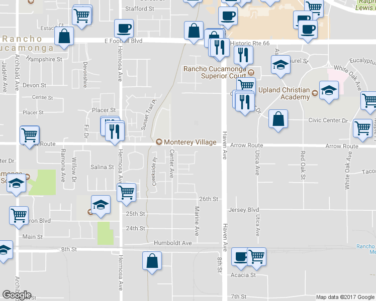 map of restaurants, bars, coffee shops, grocery stores, and more near 10300 Arrow Route in Rancho Cucamonga