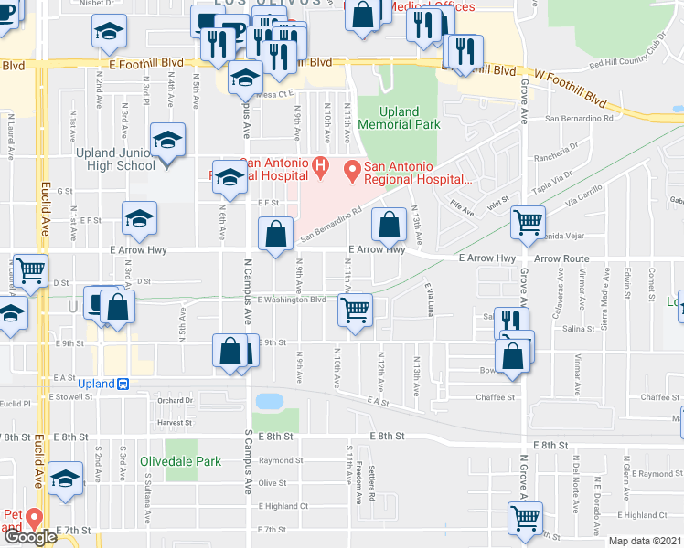 map of restaurants, bars, coffee shops, grocery stores, and more near 1018 East Arrow Highway in Upland
