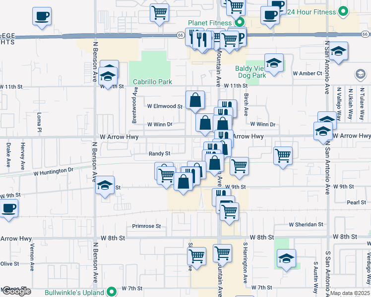 map of restaurants, bars, coffee shops, grocery stores, and more near 1322 West Arrow Highway in Upland