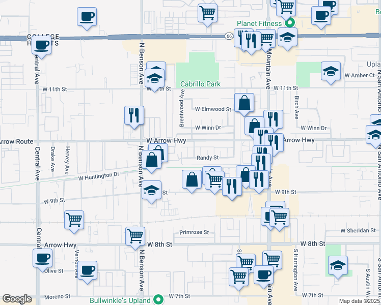 map of restaurants, bars, coffee shops, grocery stores, and more near 1444 West Arrow Highway in Upland