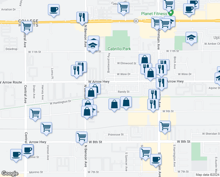map of restaurants, bars, coffee shops, grocery stores, and more near 484 Corte Blanco in Upland