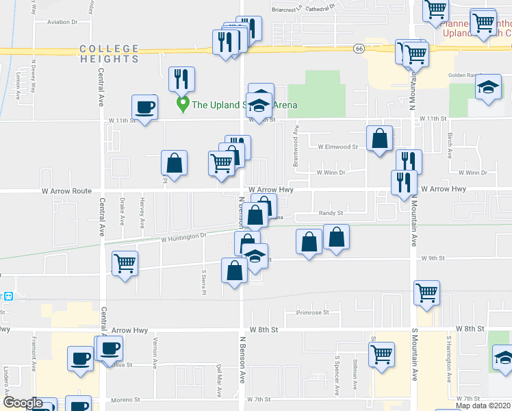 map of restaurants, bars, coffee shops, grocery stores, and more near in Upland