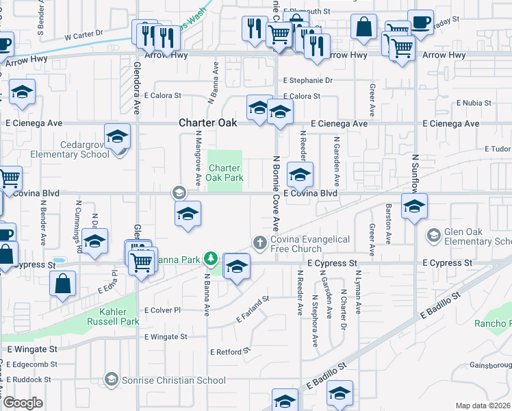 map of restaurants, bars, coffee shops, grocery stores, and more near 4804 North Darfield Avenue in Covina
