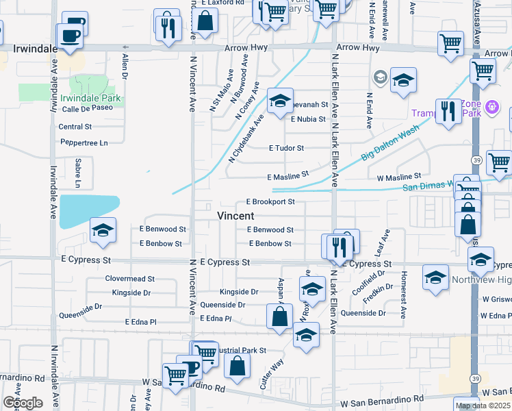 map of restaurants, bars, coffee shops, grocery stores, and more near 16651 East Brookport Street in Covina