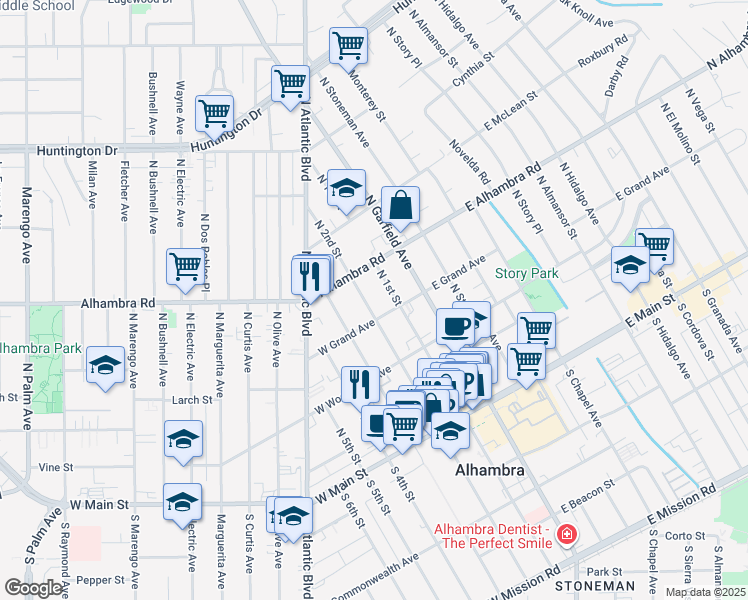 map of restaurants, bars, coffee shops, grocery stores, and more near 508 North 2nd Street in Alhambra