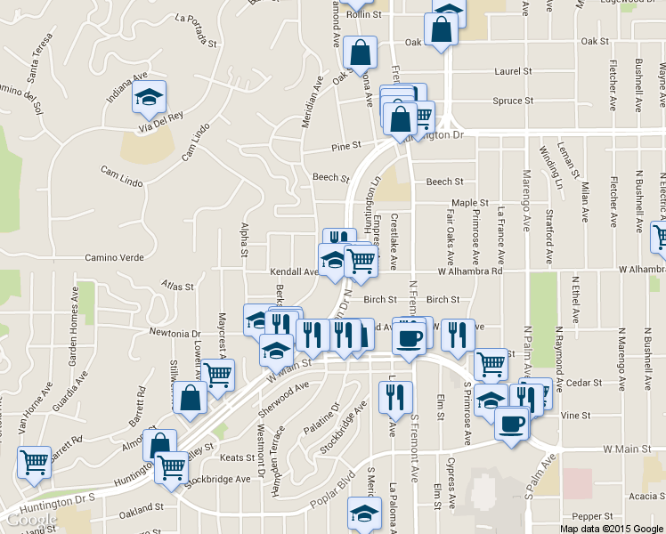 map of restaurants, bars, coffee shops, grocery stores, and more near 2050 Meridian Avenue in South Pasadena