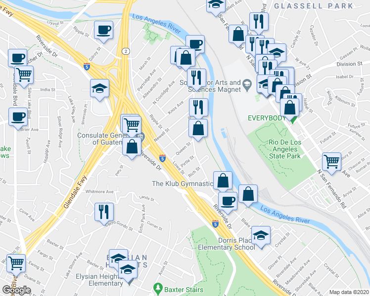 map of restaurants, bars, coffee shops, grocery stores, and more near 2700 Benedict Street in Los Angeles