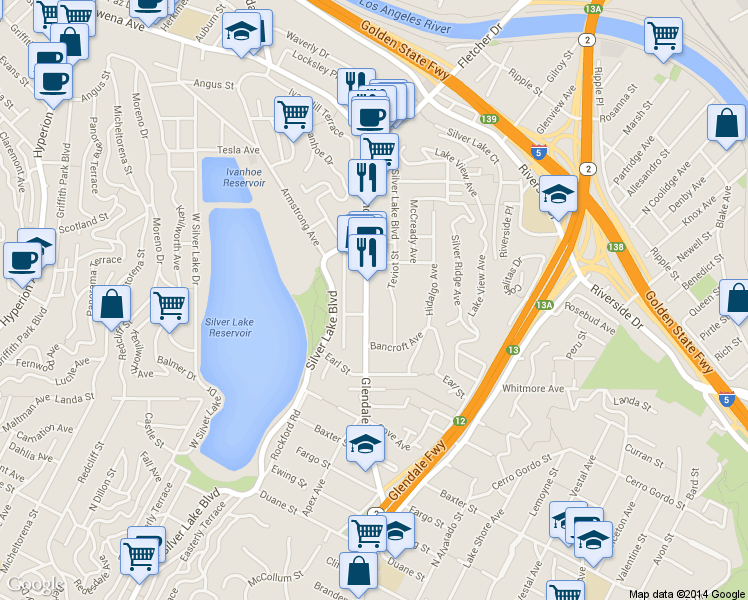 map of restaurants, bars, coffee shops, grocery stores, and more near 2377 Teviot Street in Los Angeles