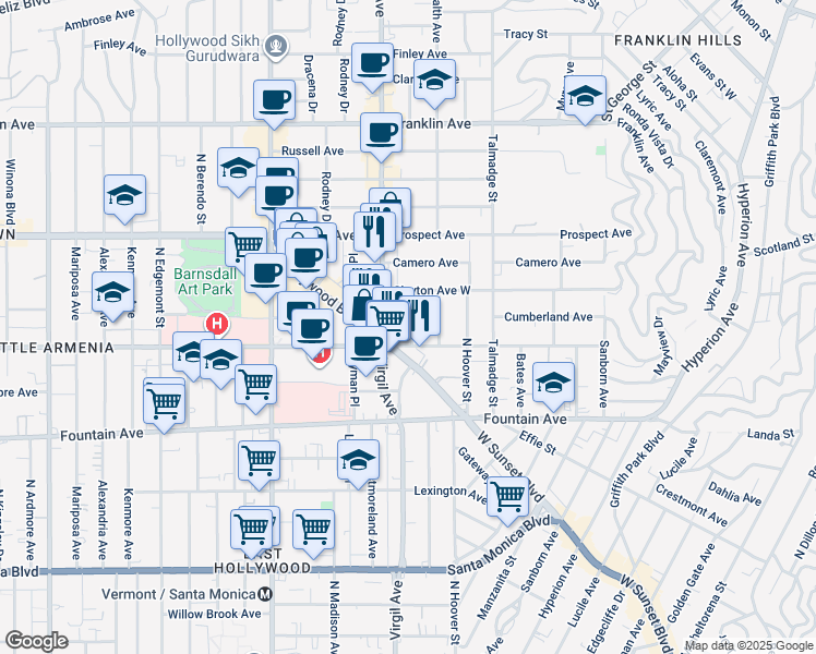 map of restaurants, bars, coffee shops, grocery stores, and more near 1550 Hillhurst Avenue in Los Angeles