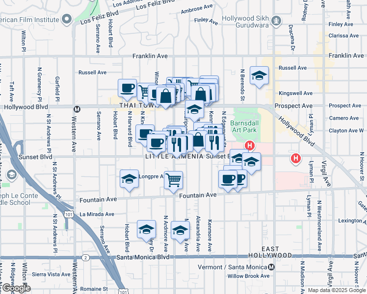map of restaurants, bars, coffee shops, grocery stores, and more near 1542 North Mariposa Avenue in Los Angeles