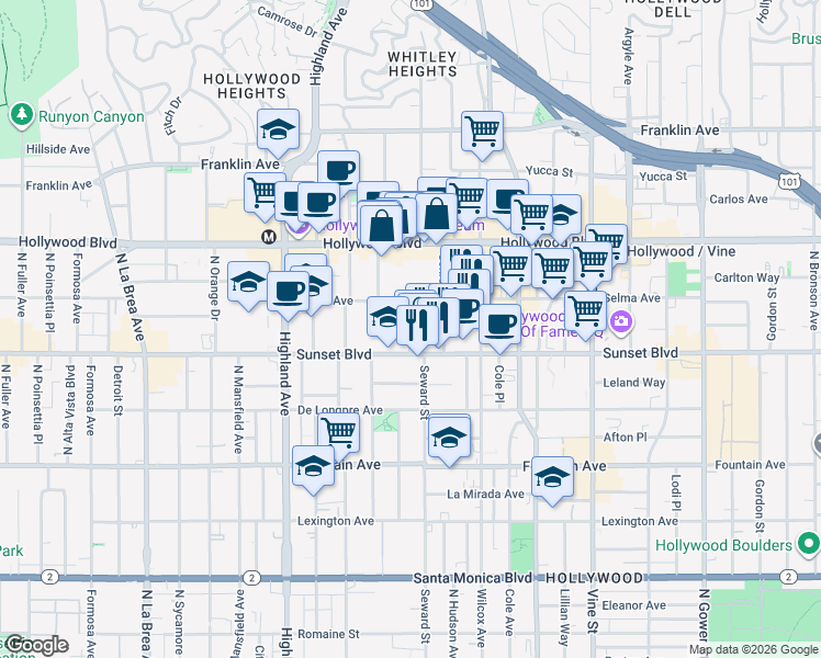 map of restaurants, bars, coffee shops, grocery stores, and more near 1550 Cassil Place in Los Angeles