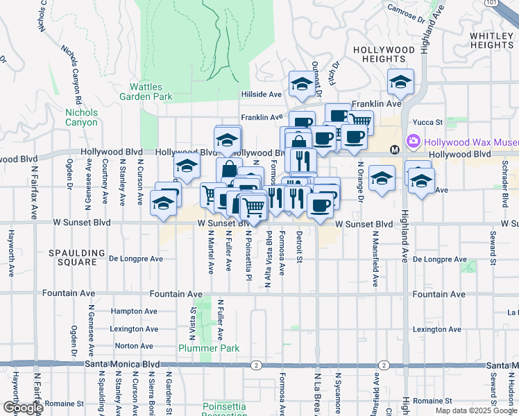 map of restaurants, bars, coffee shops, grocery stores, and more near 7202 Hawthorn Avenue in Los Angeles