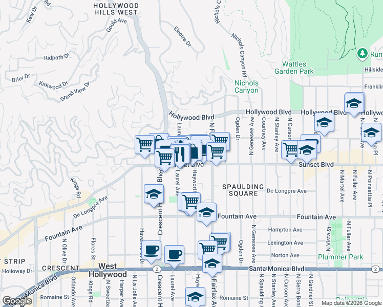 map of restaurants, bars, coffee shops, grocery stores, and more near 1547 North Hayworth Avenue in Los Angeles