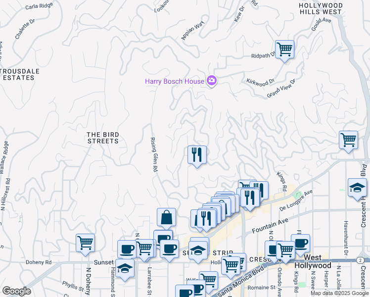 map of restaurants, bars, coffee shops, grocery stores, and more near 8836 Evanview Drive in Los Angeles