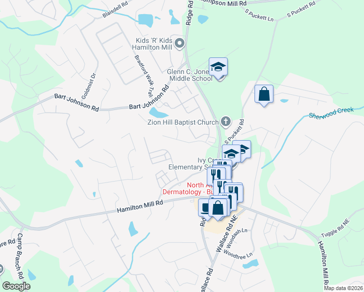 map of restaurants, bars, coffee shops, grocery stores, and more near 3325 Pebble Ridge Lane in Buford