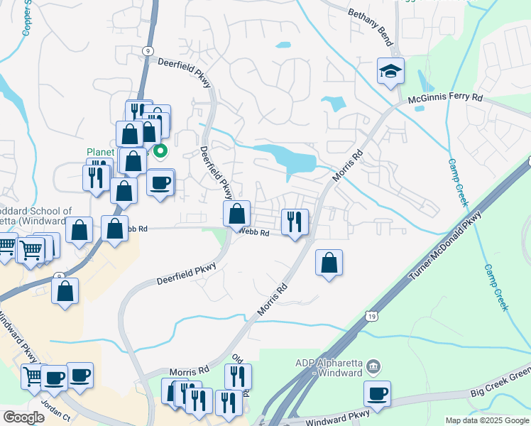 map of restaurants, bars, coffee shops, grocery stores, and more near 3332 Twinrose Place in Alpharetta