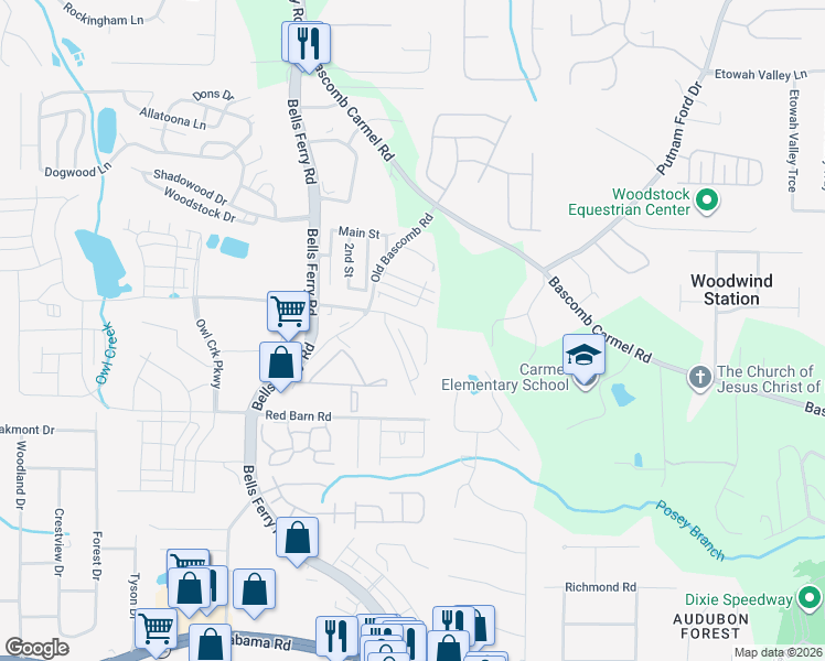 map of restaurants, bars, coffee shops, grocery stores, and more near 115 Linton Drive in Acworth