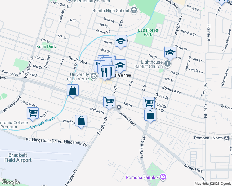 map of restaurants, bars, coffee shops, grocery stores, and more near 2220 3rd Street in La Verne