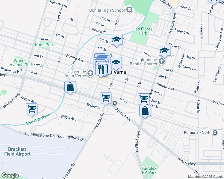 map of restaurants, bars, coffee shops, grocery stores, and more near 2220 3rd Street in La Verne