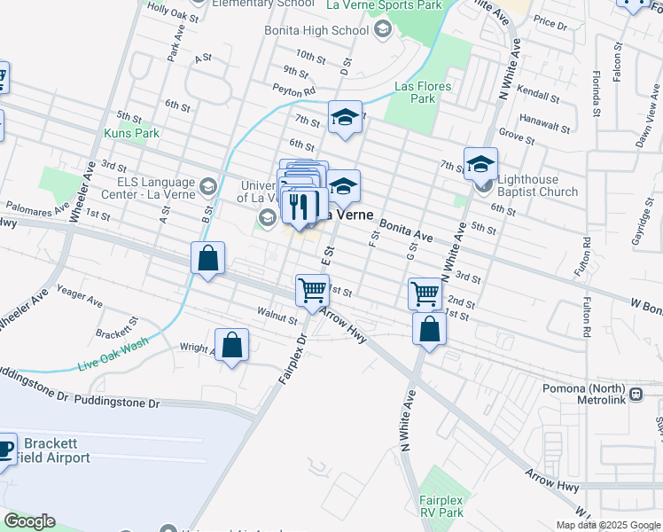 map of restaurants, bars, coffee shops, grocery stores, and more near 2148 E Street in La Verne